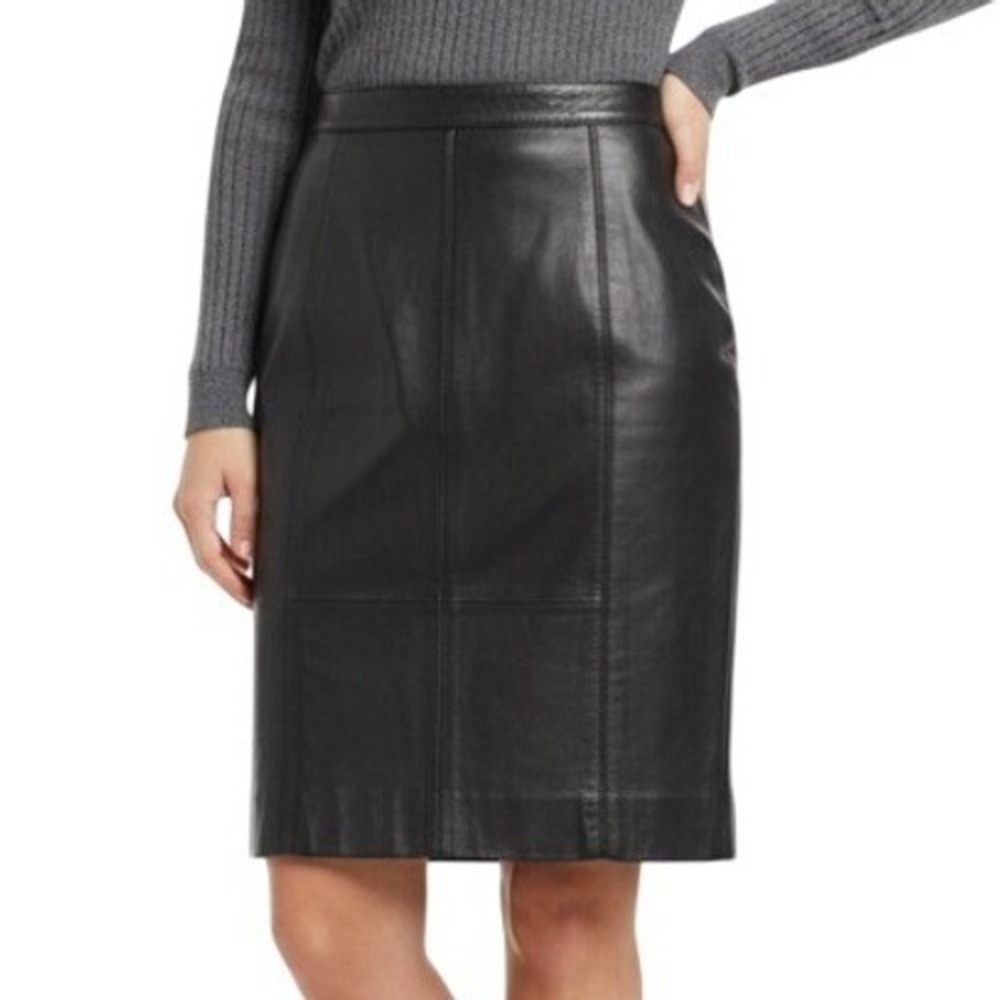 Ellen Tracy Company Black Leather Pencil Skirt Size 10 Knee Length Genuine Chic‎